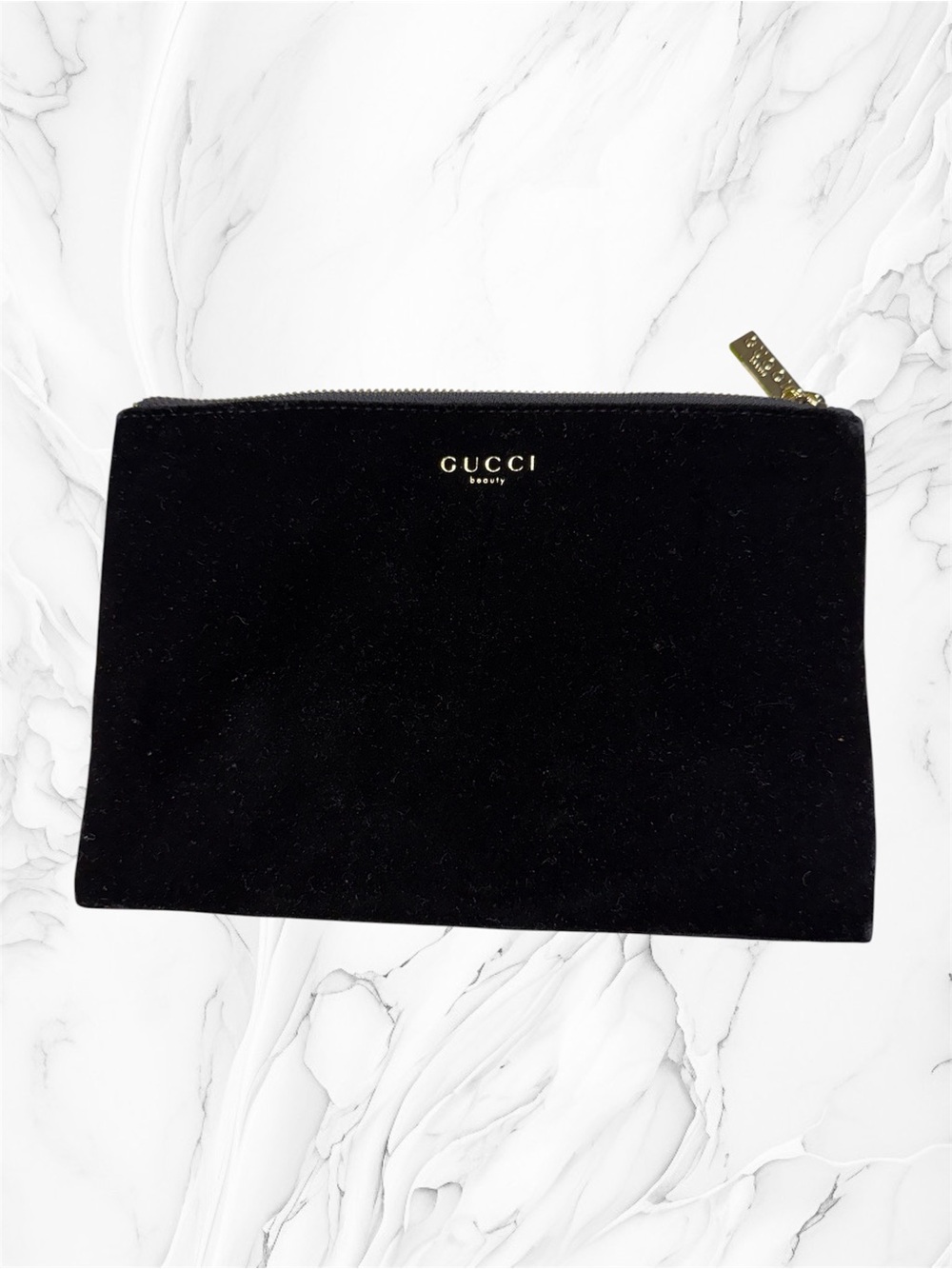 Gucci beauty Black Velvet Zip Pouch with Gold Logo Accent